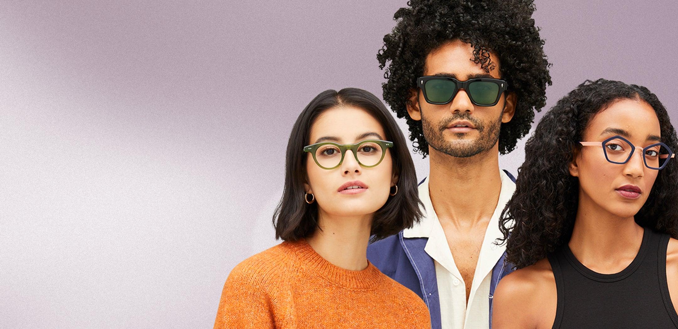 Two female models wearing eyeglasses and one male model wearing sunglasses